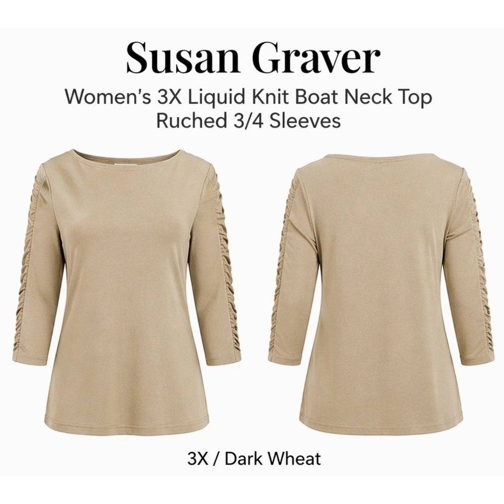 Susan Graver Womens 3X Liquid Knit Boat Neck Top Dark Wheat Ruched Sleeve A21802